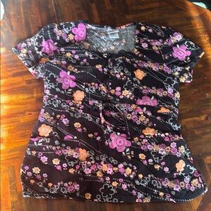Floral Women's Scrub top- Black, Pink, Orange